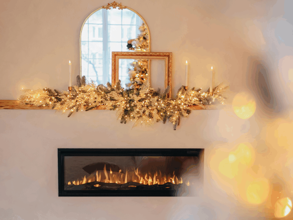 Organized gift wrapping station with wrapped presents and holiday supplies